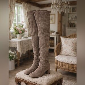 Stuart Weitzman Highland Stretch Over-the-Knee Suede Block Heel Boots - Taupe